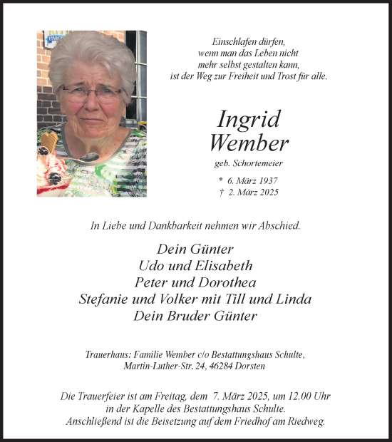 Traueranzeige von Ingrid Wember von Ruhr Nachrichten und Dorstener Zeitung