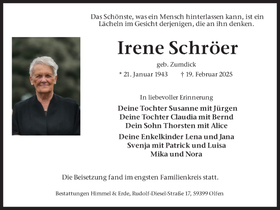 Traueranzeige von Irene Schröer von Ruhr Nachrichten