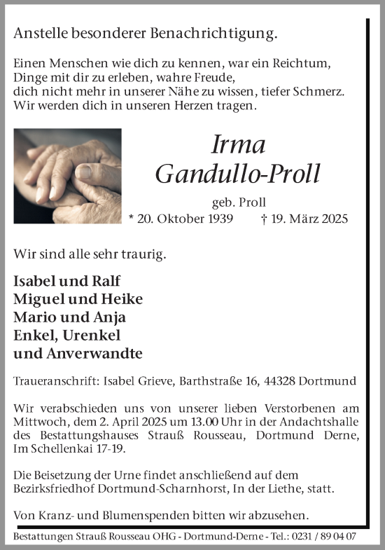 Traueranzeige von Irma Gandullo-Proll von Ruhr Nachrichten