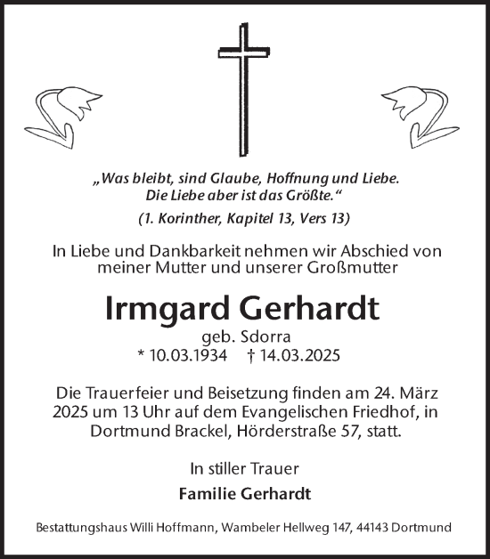 Traueranzeige von Irmgard Gerhardt von Ruhr Nachrichten
