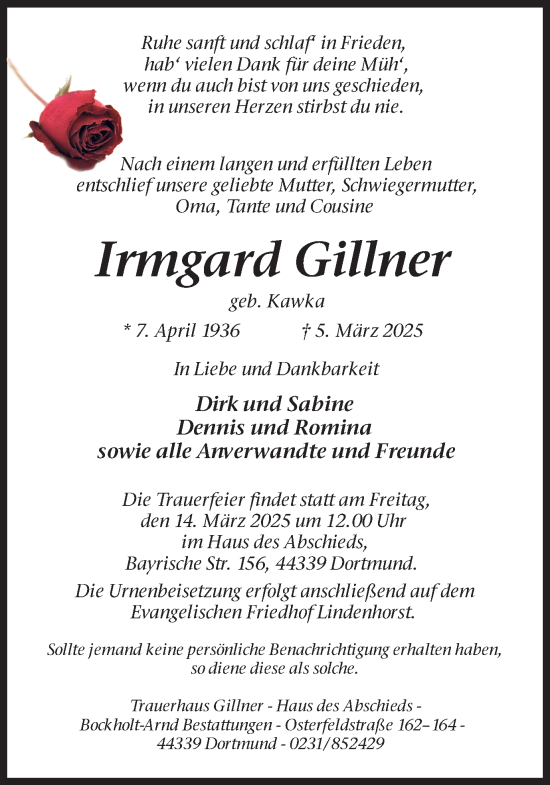 Traueranzeige von Irmgard Gillner von Ruhr Nachrichten