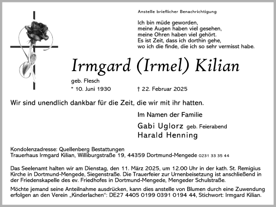Traueranzeige von Irmgard Kilian von Ruhr Nachrichten