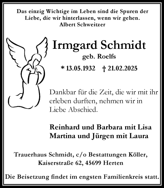 Traueranzeige von Irmgard Schmidt von Trauer Vest