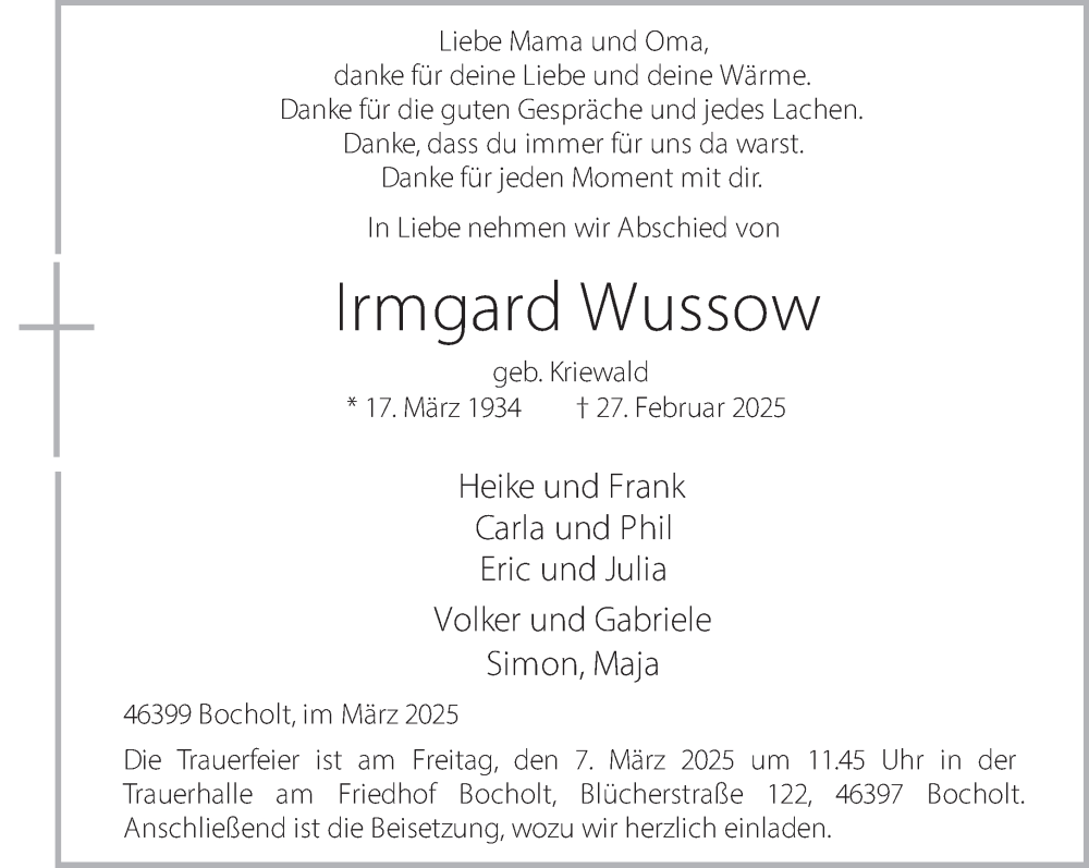  Traueranzeige für Irmgard Wussow vom 04.03.2025 aus 