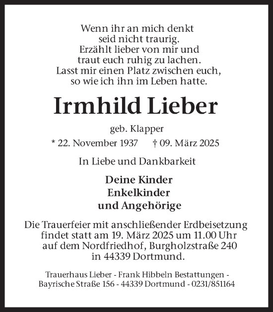 Traueranzeige von Irmhild Lieber von Ruhr Nachrichten