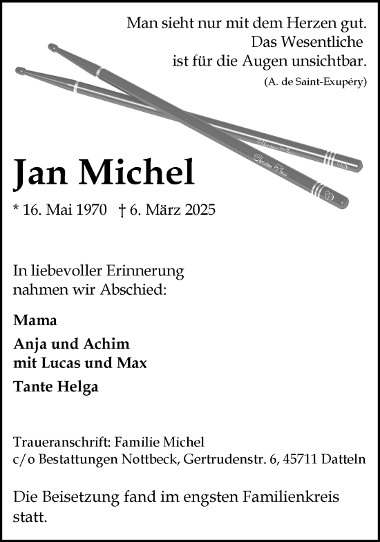 Traueranzeige von Jan Michel von Trauer Vest