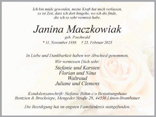 Traueranzeige von Janina Maczkowiak von Ruhr Nachrichten