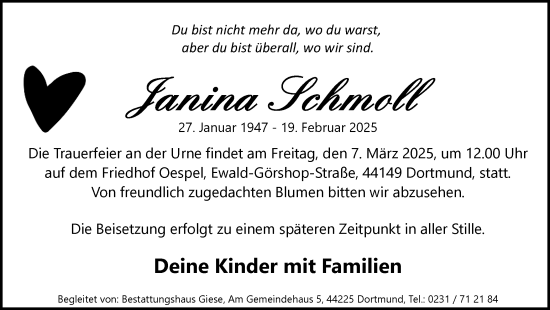 Traueranzeige von Janina Schmoll von Ruhr Nachrichten