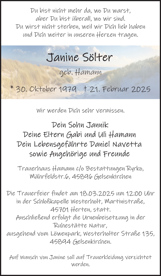 Traueranzeige von Janine Sölter von Trauer Vest