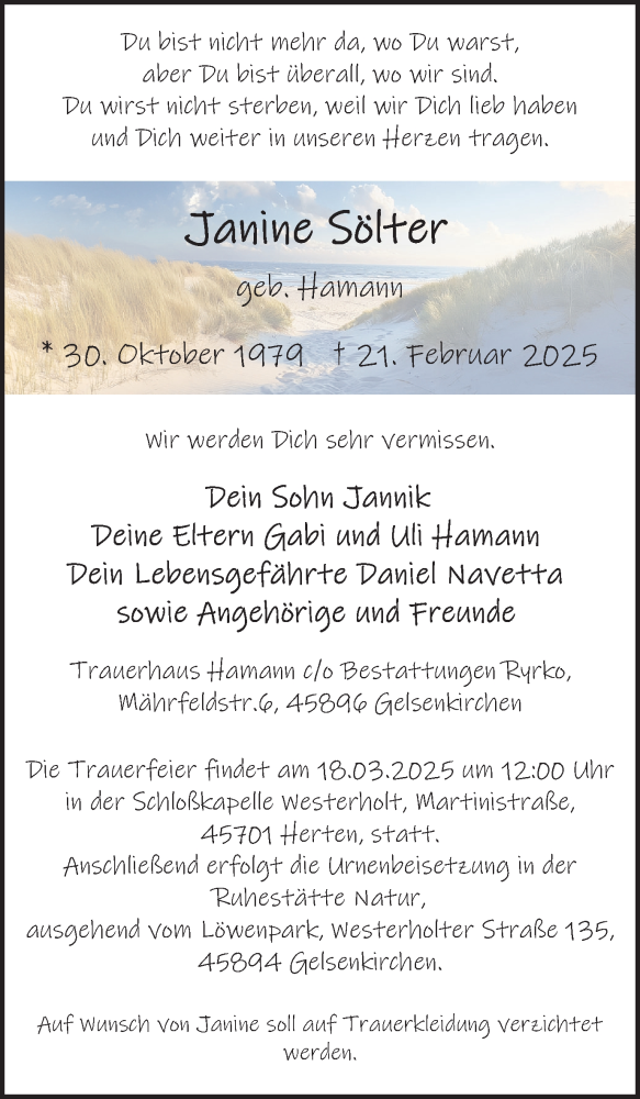  Traueranzeige für Janine Sölter vom 15.03.2025 aus Trauer Vest