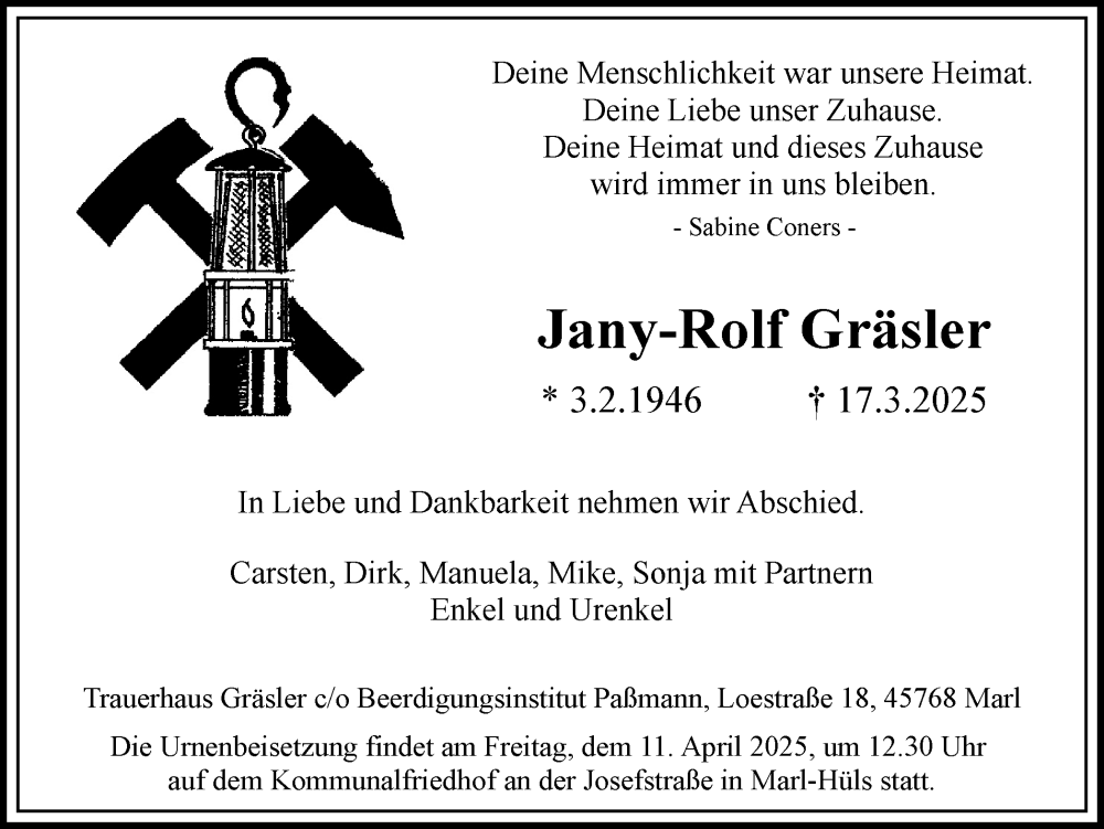  Traueranzeige für Jany-Rolf Gräsler vom 22.03.2025 aus Trauer Vest