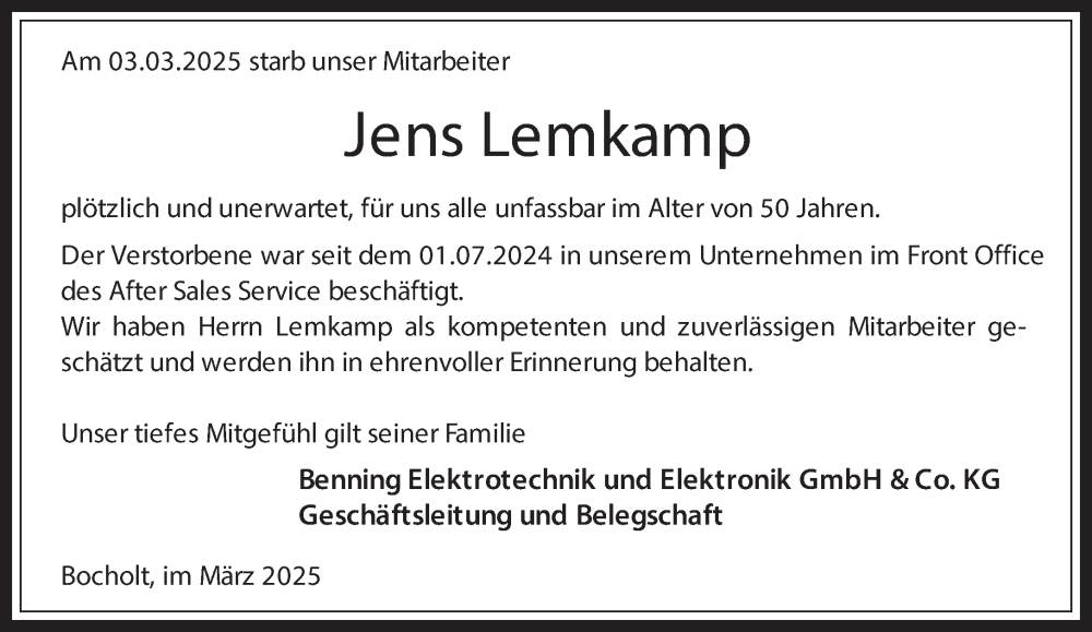  Traueranzeige für Jens Lemkamp vom 17.03.2025 aus 