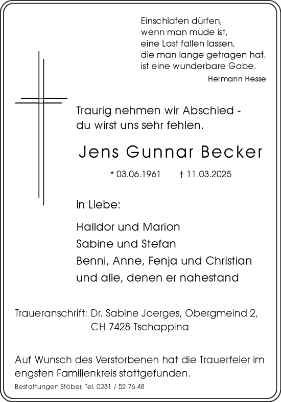 Traueranzeige von Jens Gunnar Becker von Ruhr Nachrichten