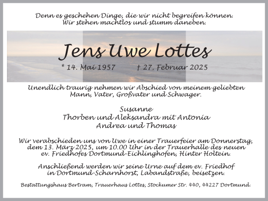 Traueranzeige von Jens Uwe Lottes von Ruhr Nachrichten