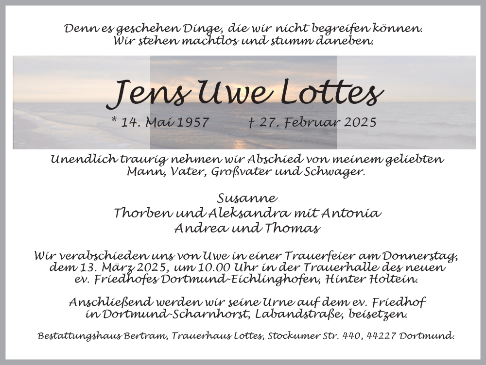  Traueranzeige für Jens Uwe Lottes vom 08.03.2025 aus Ruhr Nachrichten