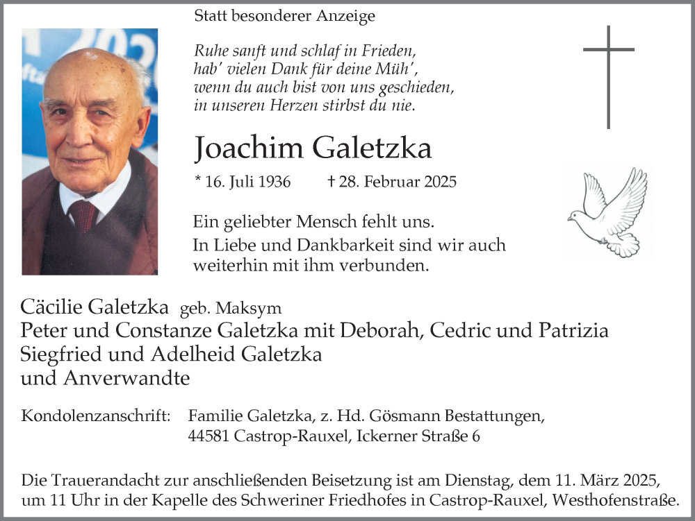  Traueranzeige für Joachim Galetzka vom 06.03.2025 aus Ruhr Nachrichten