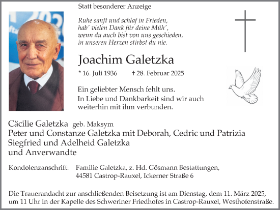 Traueranzeige von Joachim Galetzka von Ruhr Nachrichten