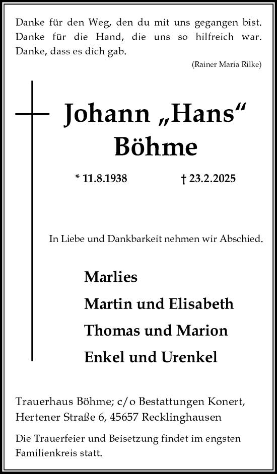 Traueranzeige von Johann Böhme von Trauer Vest