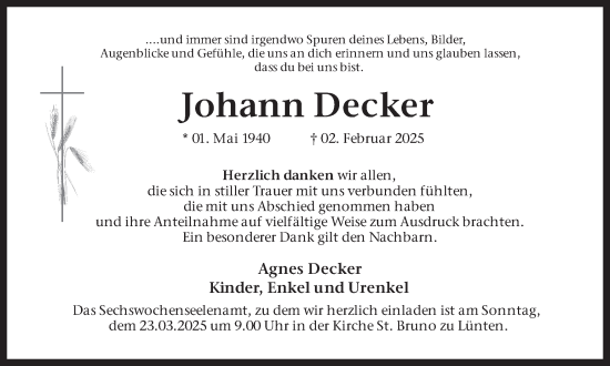 Traueranzeige von Johann Decker von Münsterland Zeitung