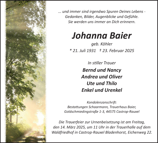 Traueranzeige von Johanna Baier von Stadtanzeiger Castrop-Rauxel