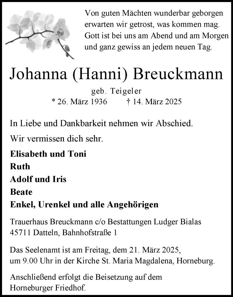  Traueranzeige für Johanna Breuckmann vom 19.03.2025 aus Trauer Vest