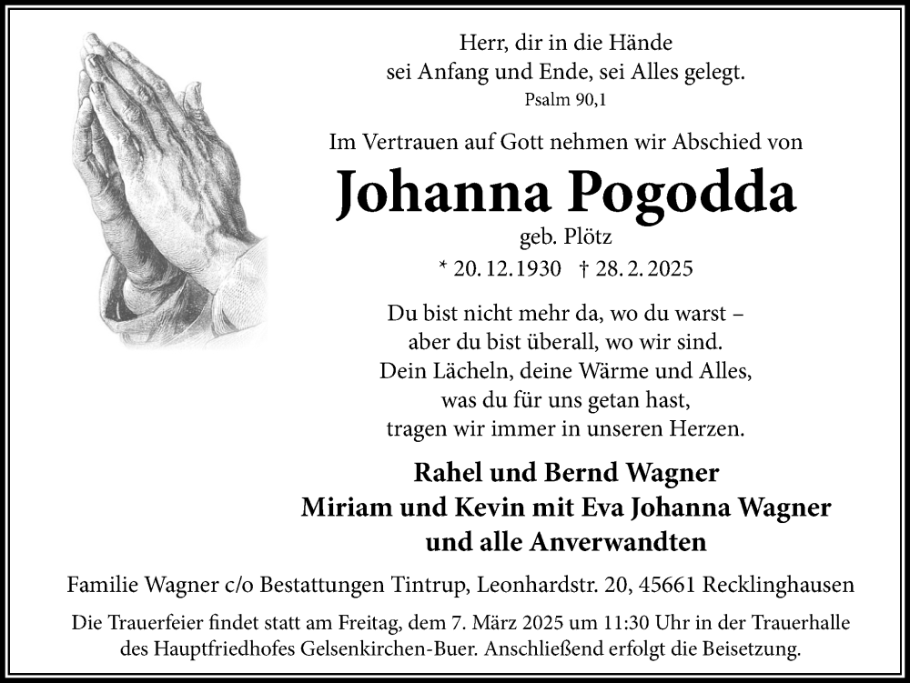  Traueranzeige für Johanna Pogodda vom 05.03.2025 aus Trauer Vest