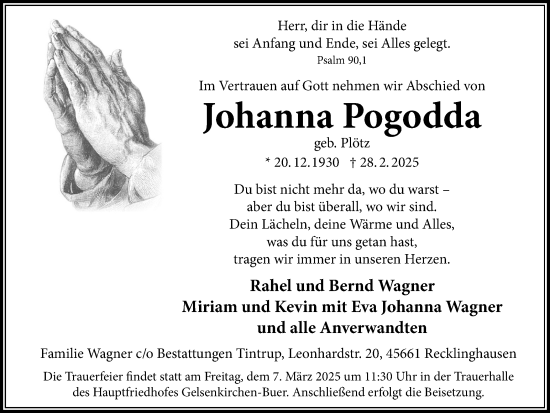 Traueranzeige von Johanna Pogodda von Trauer Vest