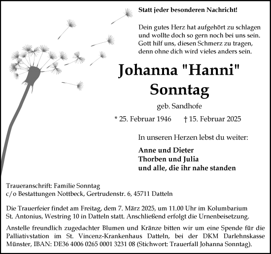 Traueranzeige von Johanna Sonntag von Trauer Vest