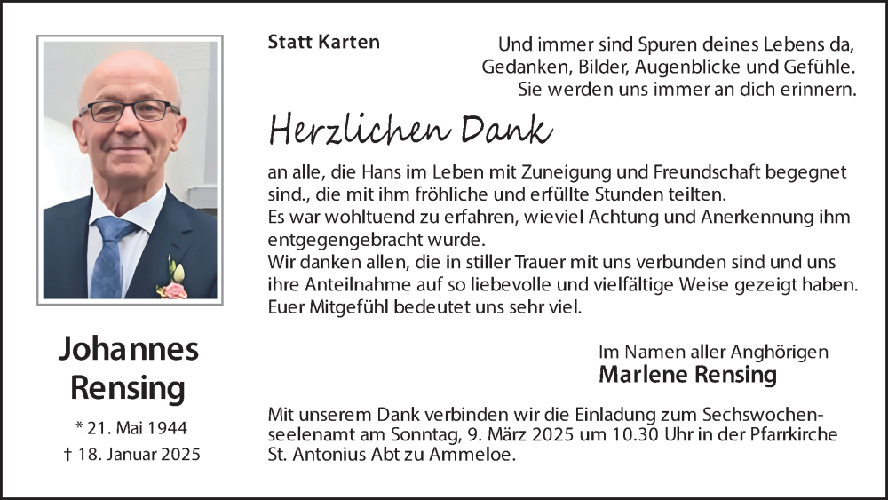  Traueranzeige für Johannes Rensing vom 05.03.2025 aus Münsterland Zeitung