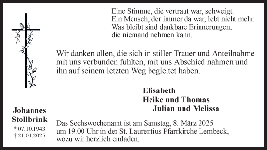 Traueranzeige von Johannes Stollbrink von Ruhr Nachrichten und Dorstener Zeitung