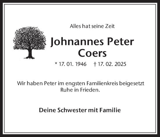 Traueranzeige von Johannes Peter Coers von Trauer Vest
