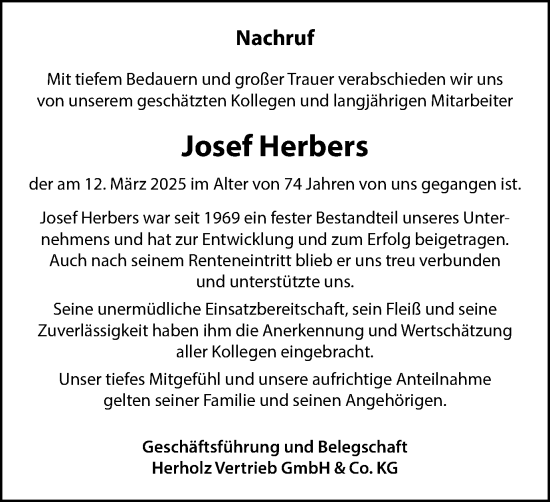 Traueranzeige von Josef Herbers von Münsterland Zeitung