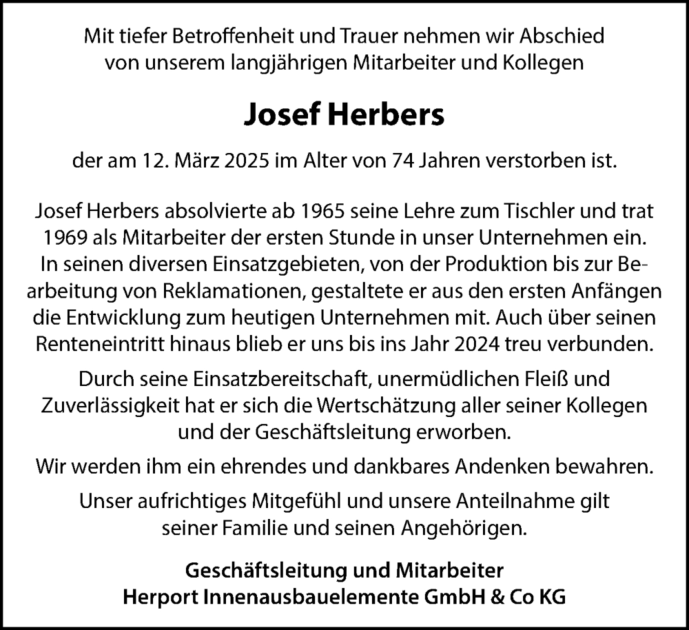  Traueranzeige für Josef Herbers vom 22.03.2025 aus Münsterland Zeitung