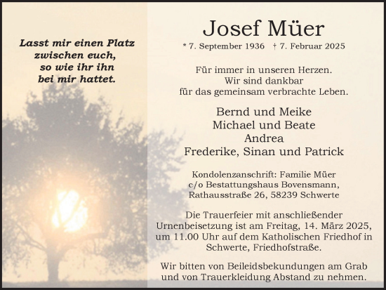 Traueranzeige von Josef Müer von Ruhr Nachrichten