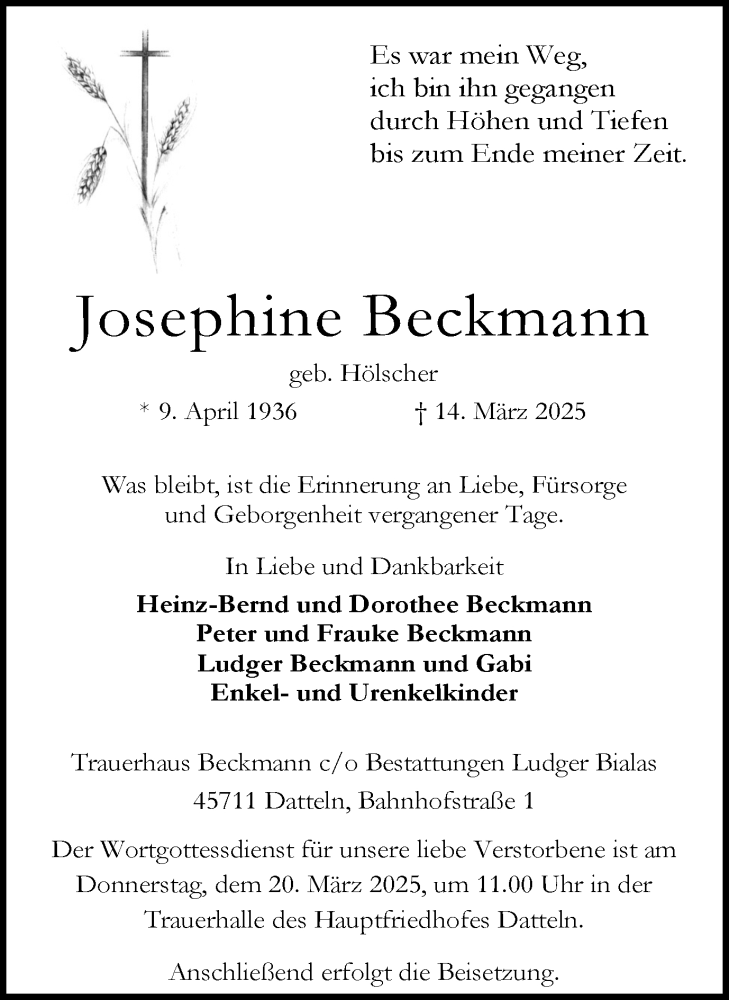  Traueranzeige für Josephine Beckmann vom 18.03.2025 aus Trauer Vest
