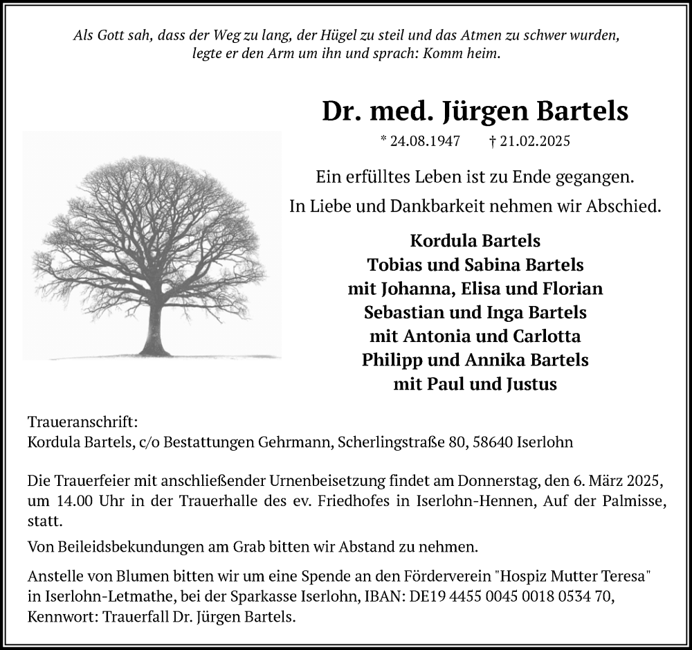  Traueranzeige für Jürgen Bartels vom 01.03.2025 aus Ruhr Nachrichten