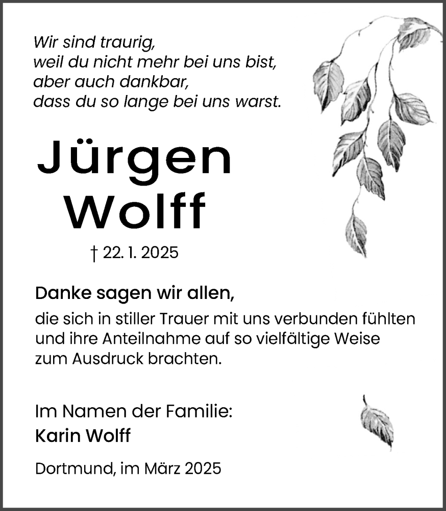  Traueranzeige für Jürgen Wolff vom 08.03.2025 aus Ruhr Nachrichten