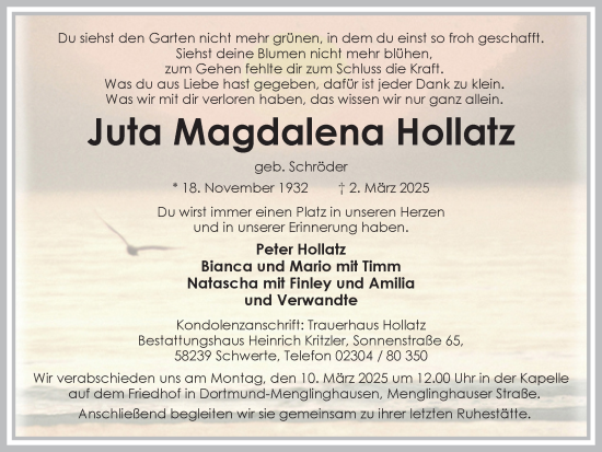 Traueranzeige von Juta Magdalena Hollatz von Ruhr Nachrichten