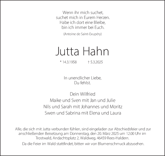 Traueranzeige von Jutta Hahn 