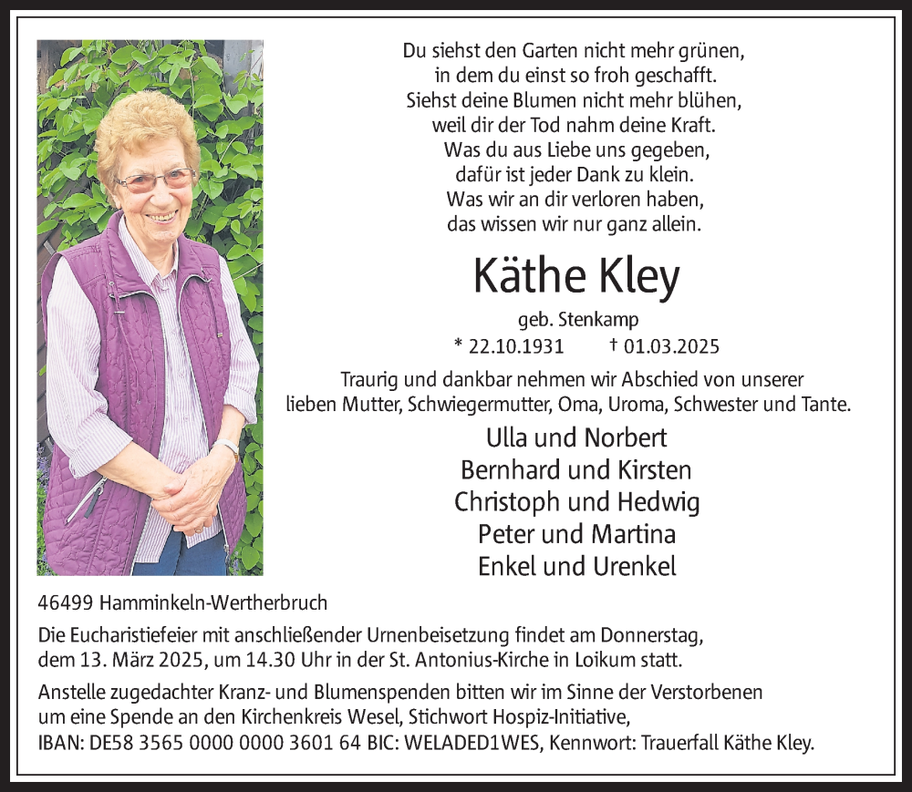  Traueranzeige für Käthe Kley vom 08.03.2025 aus 