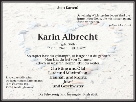 Traueranzeige von Karin Albrecht von Trauer Vest