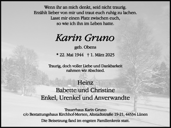 Traueranzeige von Karin Gruno von Lüner Anzeiger