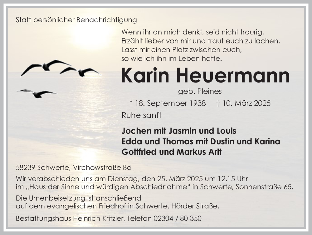  Traueranzeige für Karin Heuermann vom 15.03.2025 aus Ruhr Nachrichten