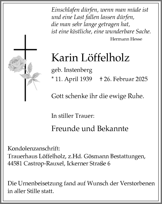 Traueranzeige von Karin Löffelholz von Stadtanzeiger Castrop-Rauxel