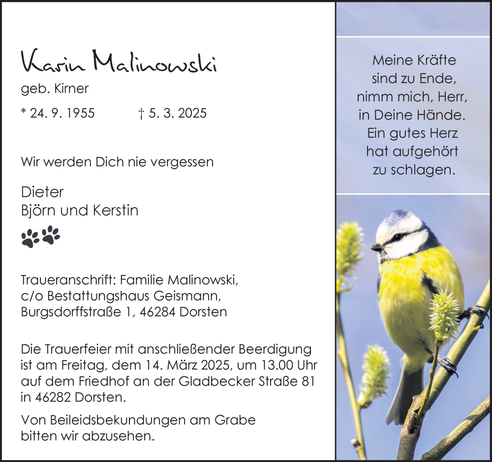  Traueranzeige für Karin Malinowski vom 08.03.2025 aus Ruhr Nachrichten und Dorstener Zeitung