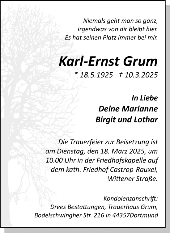 Traueranzeige von Karl-Ernst Grum von Stadtanzeiger Castrop-Rauxel