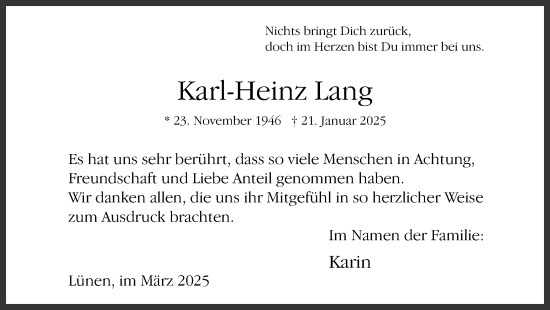 Traueranzeige von Karl-Heinz Lang von Ruhr Nachrichten