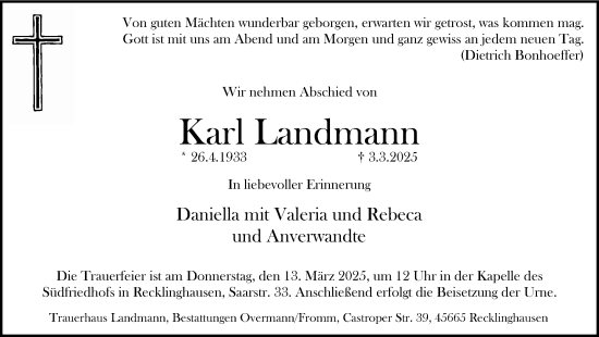 Traueranzeige von Karl Landmann von Trauer Vest