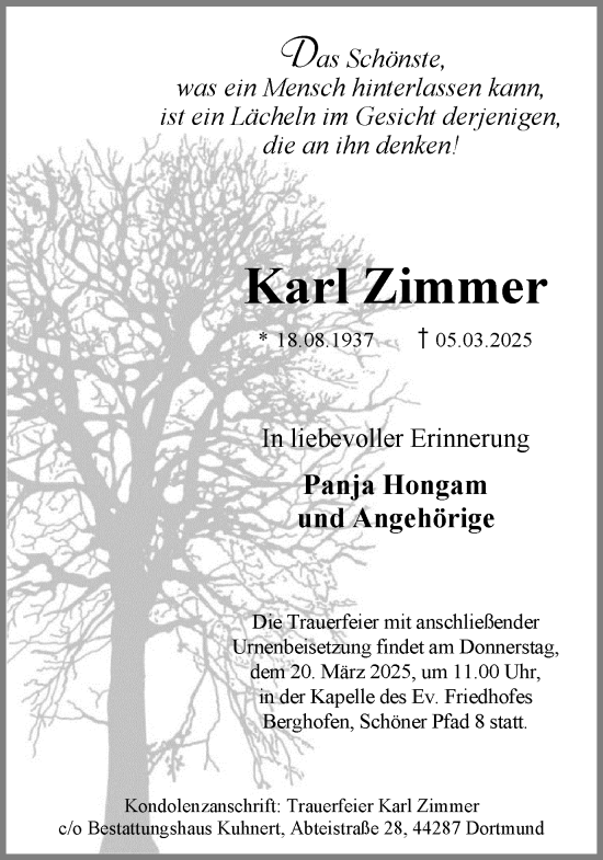 Traueranzeige von Karl Zimmer von Hellweger Anzeiger