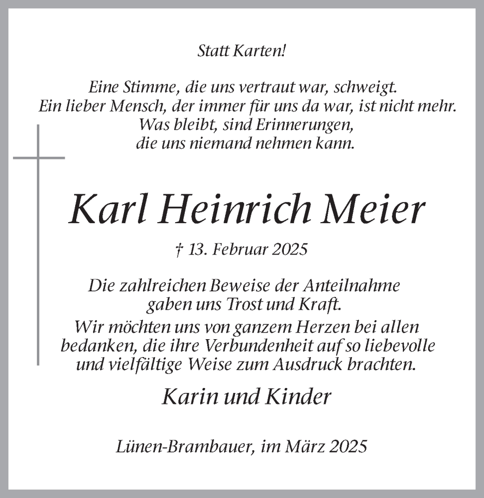 Traueranzeige für Karl Heinrich Meier vom 08.03.2025 aus Ruhr Nachrichten